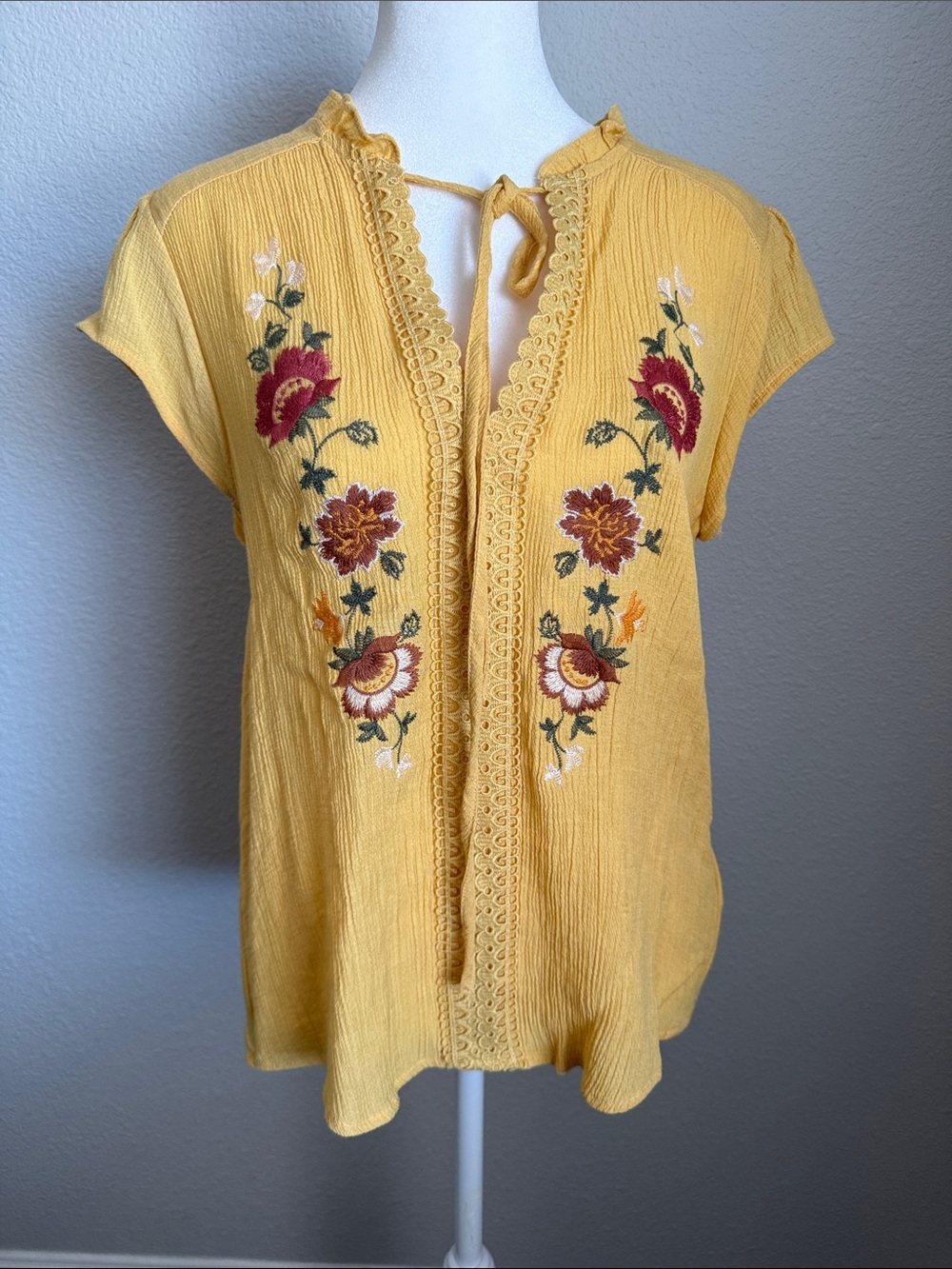 Yellow Embroidered Tie-Neck Women’s Top